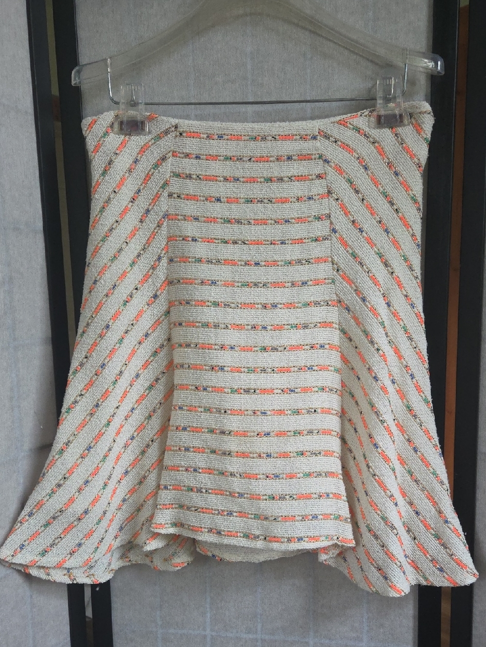 Cream Tweed A-Line Skirt with Multicolor Stripe Detail
